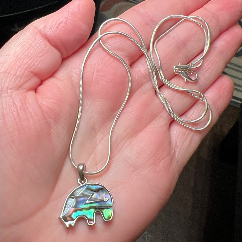 Southwestern Bear Fetish Abalone Style Silver Tone Pendant Necklace